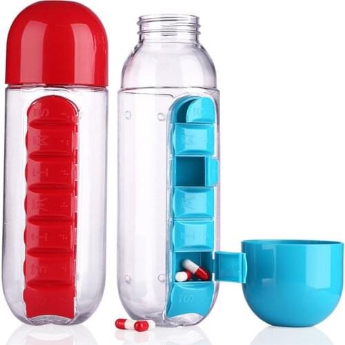600Ml Water Bottle with Pill box Travel Weekly Pills Case Outdoor Activities Plastic Drink Bottle with 7 Gruids Drug Organizer