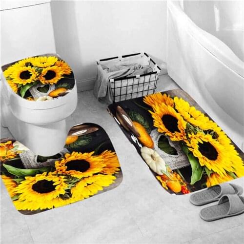 Sunflower Home Decoration Waterproof Polyester Fabric Shower Curtain With Hook Door Mat Bathroom Floor Mat