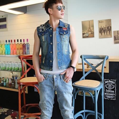 Slim Male Jeans Vest Spring Autumn Fashion Hole Ripped Sleeveless Casual Personalized Biker Mens Jacket Harajuku Plus Size Man