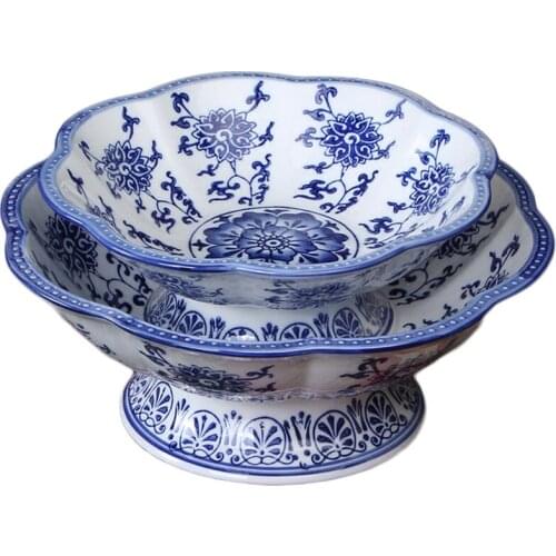 Retro fruit bowls For Kitchen Table and Countertop Decor Blue and White 8 inch ceramic fruit bowl centerpiece Decorative Snack B