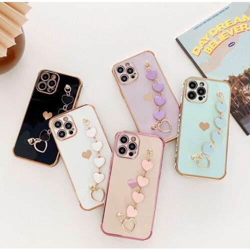 Luxury 6D Plating Love Heart Chain Wrist Bracelet Soft Case For iPhone 12 Pro Max Mini 11 Pro X XS Max XR 7 8 Plus SE 2020 Cover