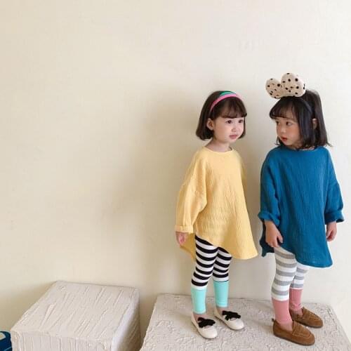 Shirt Full Sleeve Long O-neck Collar Solid Cotton Casual New Fashion Comfortable Spring Autumn Girls Children Kids