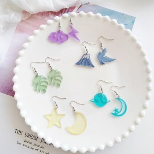Cute Cartoon Design Acrylic Weather Cloud Lightning Bird Snow Mountain Earrings Star Moon Planet and Cat Flower Leaf Earrings