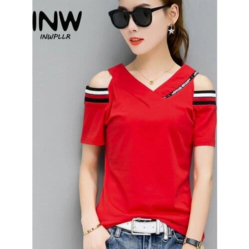 2018 Fashion Summer Tops Tees Women T-shirts Casual Letter Tshirt Female Short Sleeve Open Shoulder Tshirts Ladies