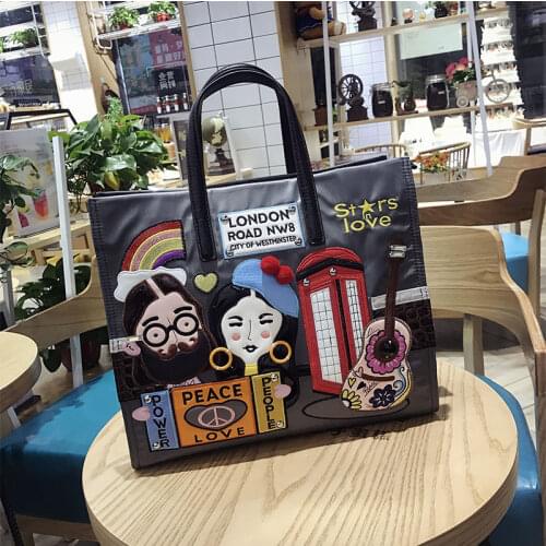 Female Messenger Bag Handbags Tote Women Leather Patchwork Embroidery Shoulder Bags Braccialini Style Art Cartoon Stars In Love