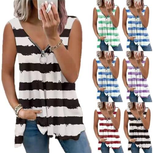 2021 New Summer Casual Striped Print Womens Vest Top Black Blue Green Striped Tops