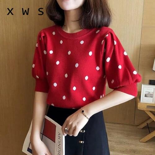 Summer oversize sweater 2020 short sleev o neck dot print kint women sweater and pullover casual thin sweater jumper female