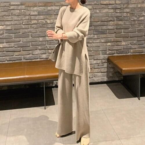 2021Korean version Winter Womens Thicken Warm Knitted Pullover Sweater Two-Piece Suits +High Waist Loose Wide Leg Pants Set