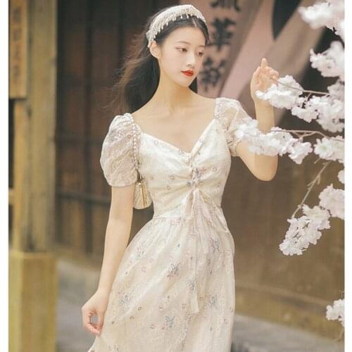 Women V-neck Summer Gentle Wind Dress Bowknot Drawstring Chic Lace Embroidered Retro Fairy Dress Vestido de mujer