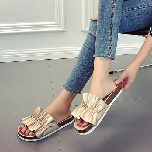 Gold/silver handmade flower ruffles cork beach sandals women clip toe flip flops ladies platform sandals female mules shoes