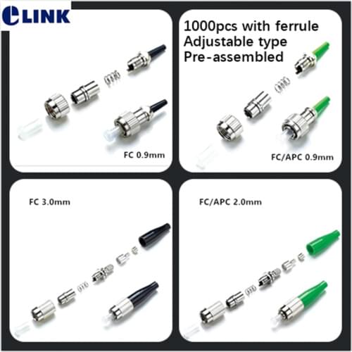 1000pcs FC fiber connector with ferrule Adjustable type APC SM MM black green 3.0 2.0 0.9mm Pre-assembled optical ftth accessory