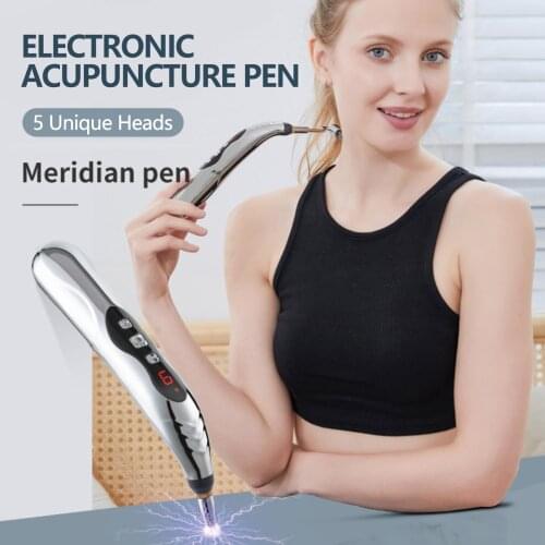 Rechargeable Electronic Meridian Acupuncture Energy Massage Pen with 9 Levels 5 Massage Heads for Pain Relief Body Health Care