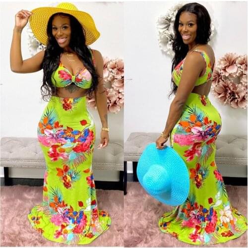 Echoine Floral Print Flower Bra Crop Top Long Skirt Skinny Bodycon Sexy Skirt Set Two Piece Set Party Clubwear Beach Holidays