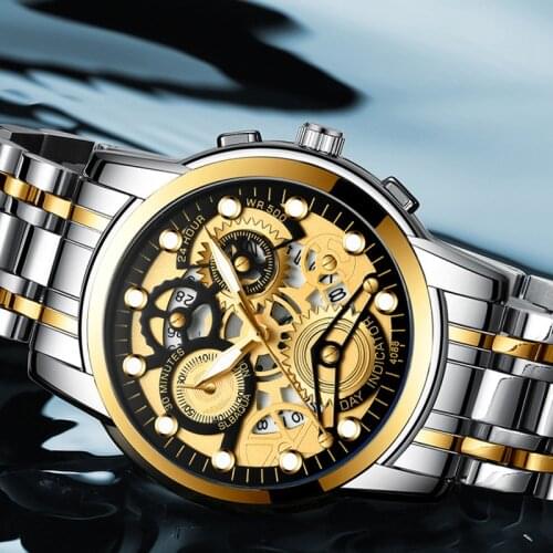 Mens Fashion Hollow Gear Student Waterproof Luminous Pointer Calendar Sports Fine Steel Dand Multifunctional Domineering Watch