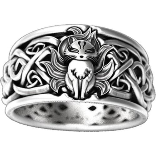 Nine Tails Fox Design Ancient Mythology Style Ring Old Silver Color Vintage Ring Males Birthday Gifts Jewelry Bijoux