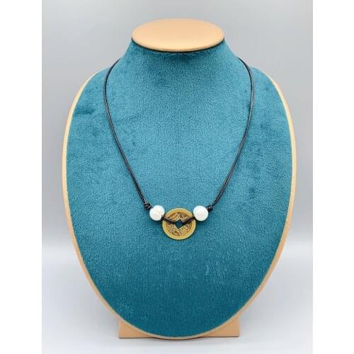 FoLisaUnique Old Chinese Coin Necklace With 10-11mm White Pearls Black Leather For Women Girls Gifts Trendy Jewelry 18 Inch