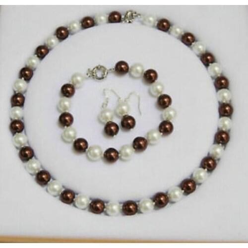 Beautiful 10MM White Brown South Sea Shell Pearl Necklace Bracelet Earring Set