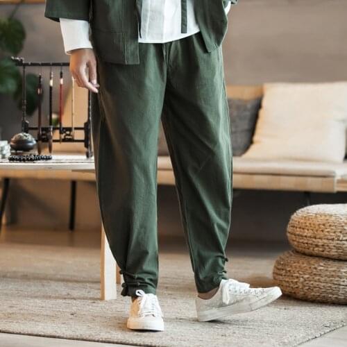 Men Sport Pant Linen Chinese Traditional Loose Wide Leg Harem Sweatpant Bloomer Baggy Casual Jogger Running Workout Tai Chi Pant