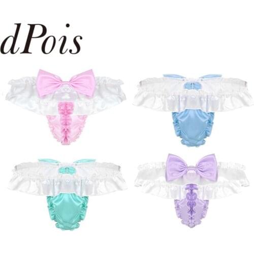 Mens Male Ruffled Frilly Cut Bowknot High Cut Low Rise Shiny Soft Satin Bikini Briefs G-string Thong Panties