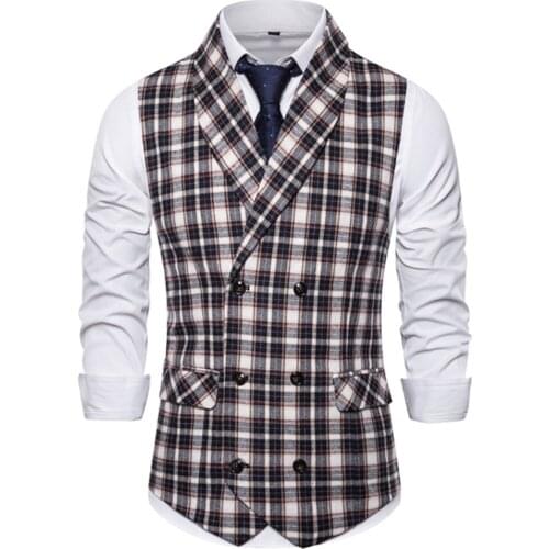 2021 Spring and Autumn High Quality Mens Checkered Green Collar Double Breasted Slim Mens Vest Waistcoat
