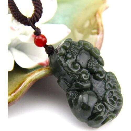 Natural Real Dark Green Stone Carved PIXIU Lucky Amulet Pendant Necklace Men Womens Fashion Jewelry Free Rope