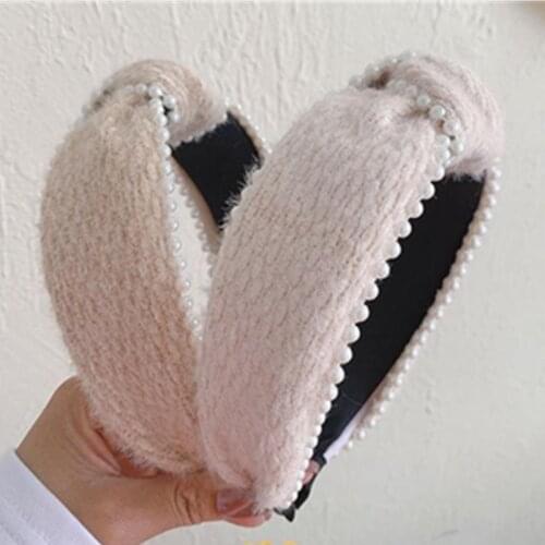 2021 New Pearls Winding Headbands for Women Hair Accessories Solid Wool Velvet Hairbands Knot Ladies Outdoor Headdress Hair Hoop