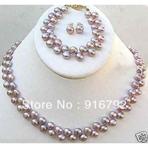 Wholesale free shipping >>>>>Fashion 2 row 7-8MM Purple Akoya Cultured Pearl Necklace bracelet earring
