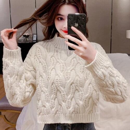 2021 Autumn And Winter Korean Fashion Half High Collar External Wear Women Clothing Short Knitting Twist Pullover Loose Coat Top