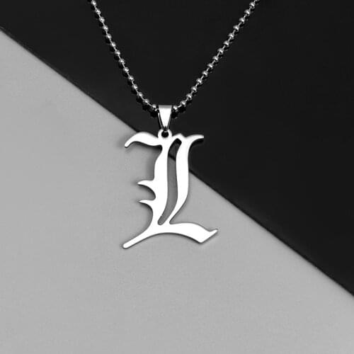 1PC Death Note L Lawliet Necklace Stainless Steel Old English Letter Pendant Beads Chain Necklaces Cosplay Jewelry Accessories