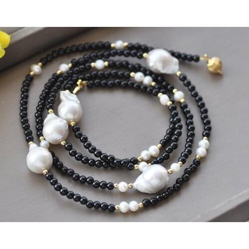 Z10731 40" 18mm White Drop Keshi Pearl Black Agate Bead Necklace