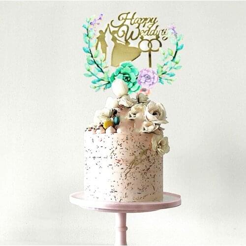 "Happy Wedding"Wedding cake topper Golden acrylic Mrs & Mr wedding party Cupcake toppers dessert decoration Upscale Cake Flags