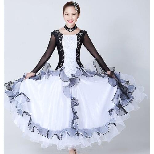 Sexy Women International Standard Ballroom Dance Dress Black White Competition Flamenco Dress for Female Spanish Dance Dress 89