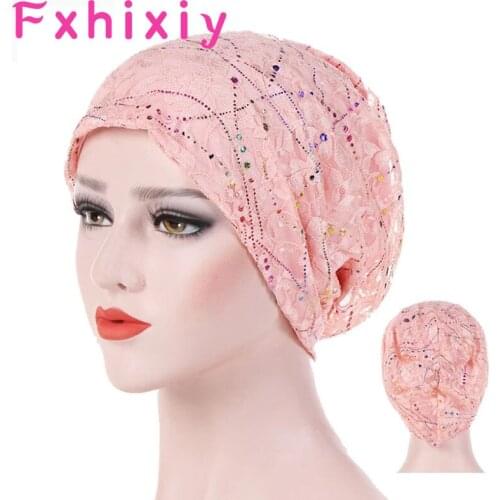 Summer Autumn Muslim Cap Chemo Beanie Hats Thin Lace Turban Inner Glitter Women Turbante Bonnet Wrap Head Underscarf Caps
