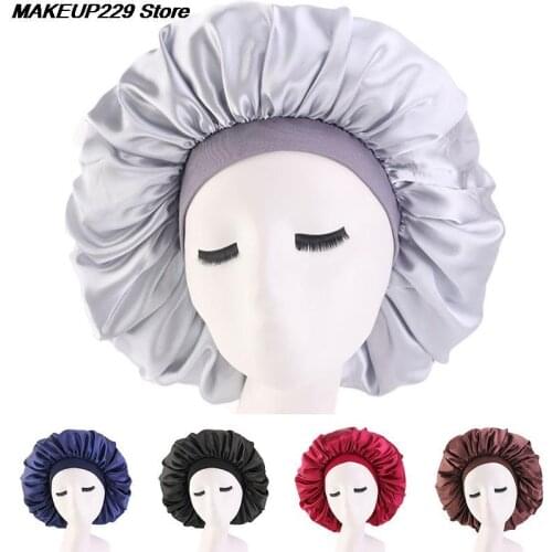 Extra Large Satin Silky Bonnet Sleep Cap with Premium Elastic Band For Women Solid Color Head Wrap Brimmed Nightcap Night Hat 1X