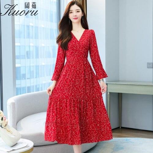 Chiffon Women Midi Red Casual Dress Vestito Floreale Autumn Robe Longue Vestiti Donna Eleganti Long Sleeve For Party Vestidos