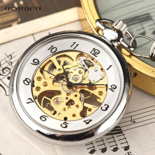 Vintage Silver Hand Winding Full Steel Pocket Watches Fashion Unique Skeleton Transparent Mechanical Pocket Watch Fob Chain