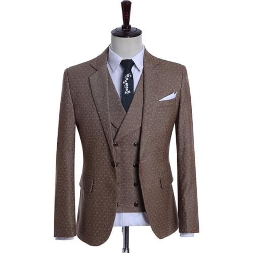 High Quality 3 Piece Tailor Made Formal Business Mens Suit Brown Dots Wedding Groom Tuxedo For Men Wedding Suits Prom Party Suit