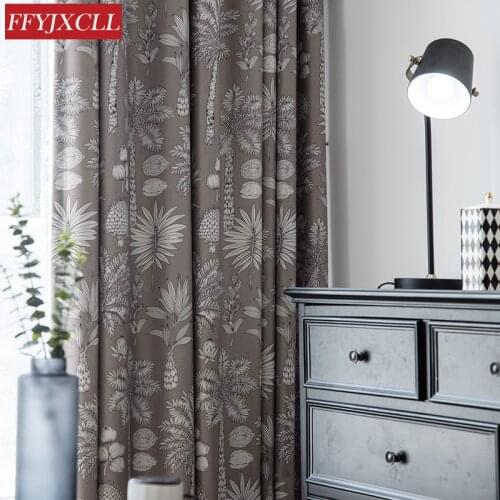 Curtains for Living Room Simple Brown High Shade Curtains for Bedroom Balcony Polyester Cotton Window Curtains Grey leaves
