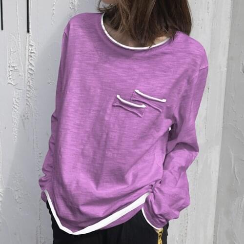 Cotton 100% Pocket Women T-Shirts Summer Vintage 2021 Solid O-Neck Long-Sleeved Casual Female Pulls Tops Tees Oversized 2XL