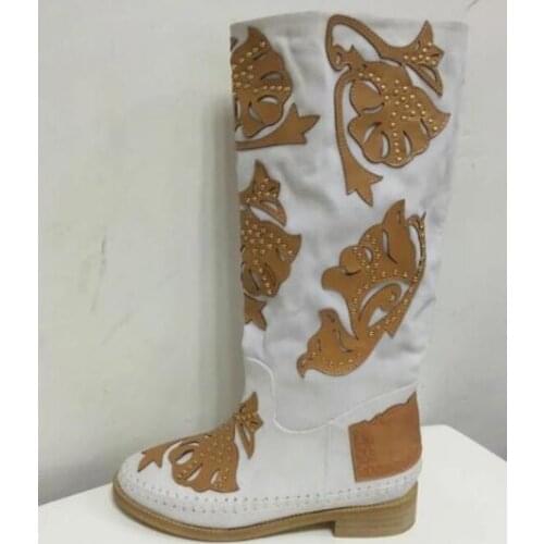 Rivets Studded Carved Leather Patchwork Knee High Suede Leather Martin Boots Round Toe Flat Woman Black White Khaki Long Boots