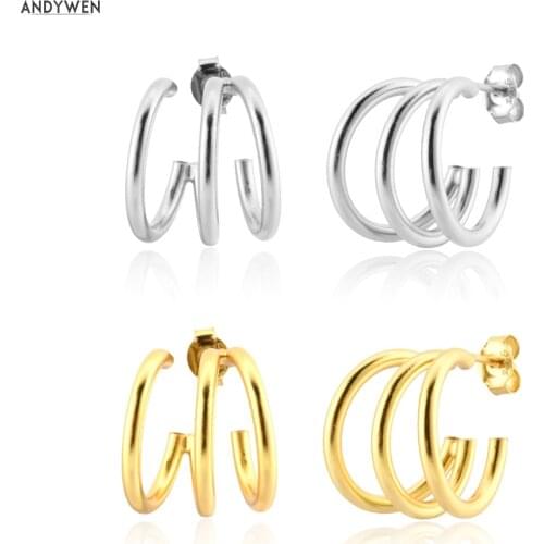 ANDYWEN 925 Sterling Silver Gold 11.5mm Hollow Tripe Circle Hoops Women Loop Piercing Pendiente 11.5mm Luxury Jewelry Gift