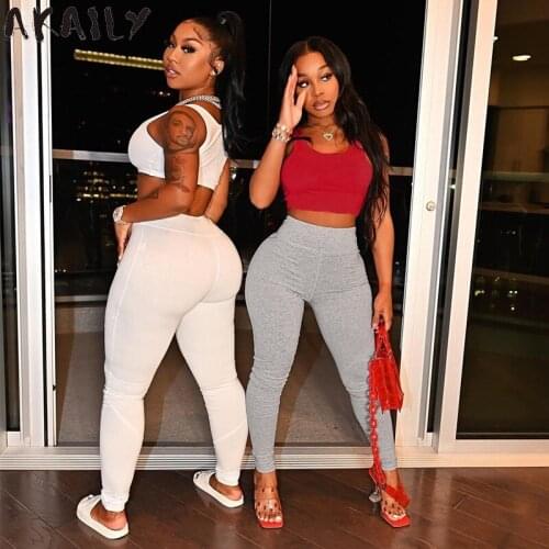 Akaily Women Summer Solid Tracksuit Outfits Black Bodycon 2 Two Piece Sets Female Sleeveless Crop Top High Waist Long Pants Sets