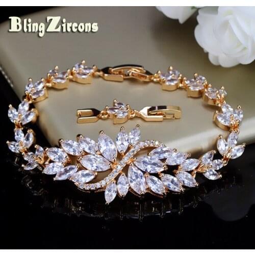 BeaQueen Nigerian Yellow Gold Color Leaf Cluster Cubic Zirconia Crystal Plant Bracelet Femme Jewelry for Women Wedding B054