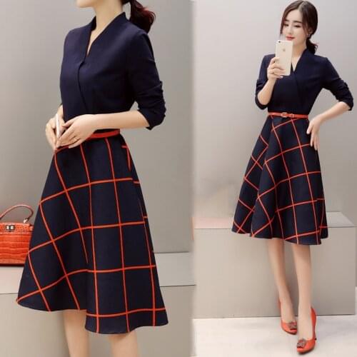 Women 2020 Long Sleeve V Neck A Line Belt Midi Dress Elegant Plaid Vestidos Robe Femme Harajuku Autumn Winter Dress