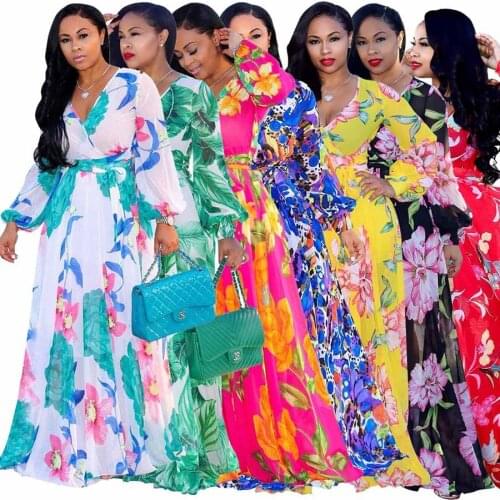 Womens Dress Chiffon Floral Print Floor Long Length Flower Party Beach V-Neck with Inside Lining African Style Maxi Dresses