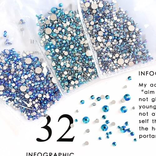 1440pcs AB-Symphony Blue Nail Rhinestones Flatback Diamond ss3-ss12 Glass Decorations 1.4-3mm Nail Accessories Art Stone ZD3MiS4