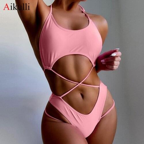 2021 Solid Color One Piece Swimsuits Women Sexy Backless Cross Swimwear Summer Female Monokini Bodysuit Beach Bathing Suits Swim