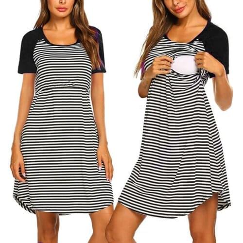 4# Summer Dress Pregnant Womens Maternity Short Sleeve Striped Print Nursing Dress For Breastfeeding Ropa Premama Verano