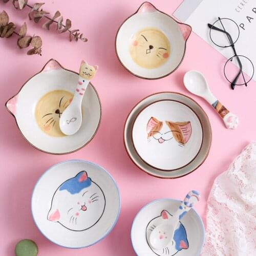 4 Pcs Cartoon childrens ceramic cute cat tableware rice bowl cute student creative snack household bowl plate dinner plates