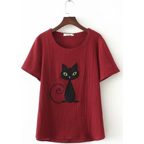 Plus Siz XL-4XL Womens Short Sleeve Summer Tshirts Large Size Cute Cat Embroidery Tops